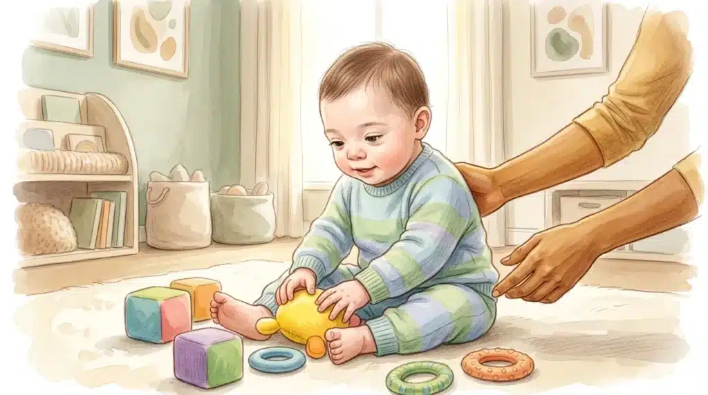 Un bébé en pull rayé joue avec des blocs et anneaux colorés