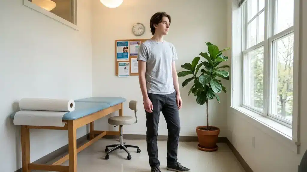 Jeune homme debout dans un cabinet médical avec table d'examen