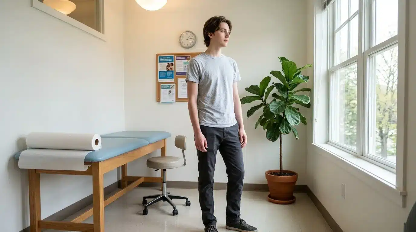 Jeune homme debout dans un cabinet médical avec table d'examen
