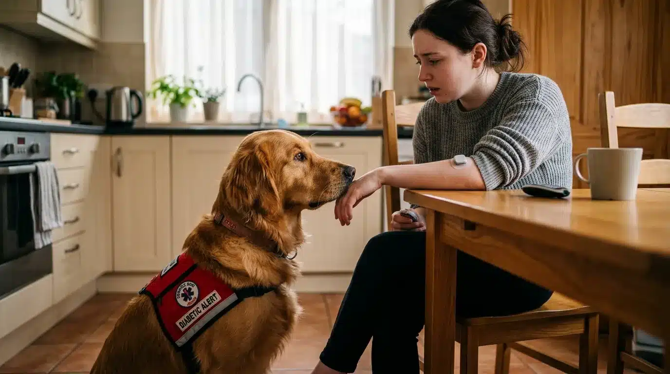 Femme caressant son chien d'assistance portant un gilet rouge