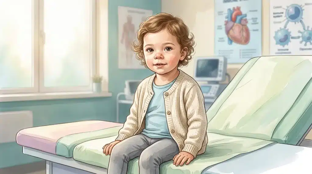 Jeune enfant assis sur lit médical dans cabinet pédiatrique