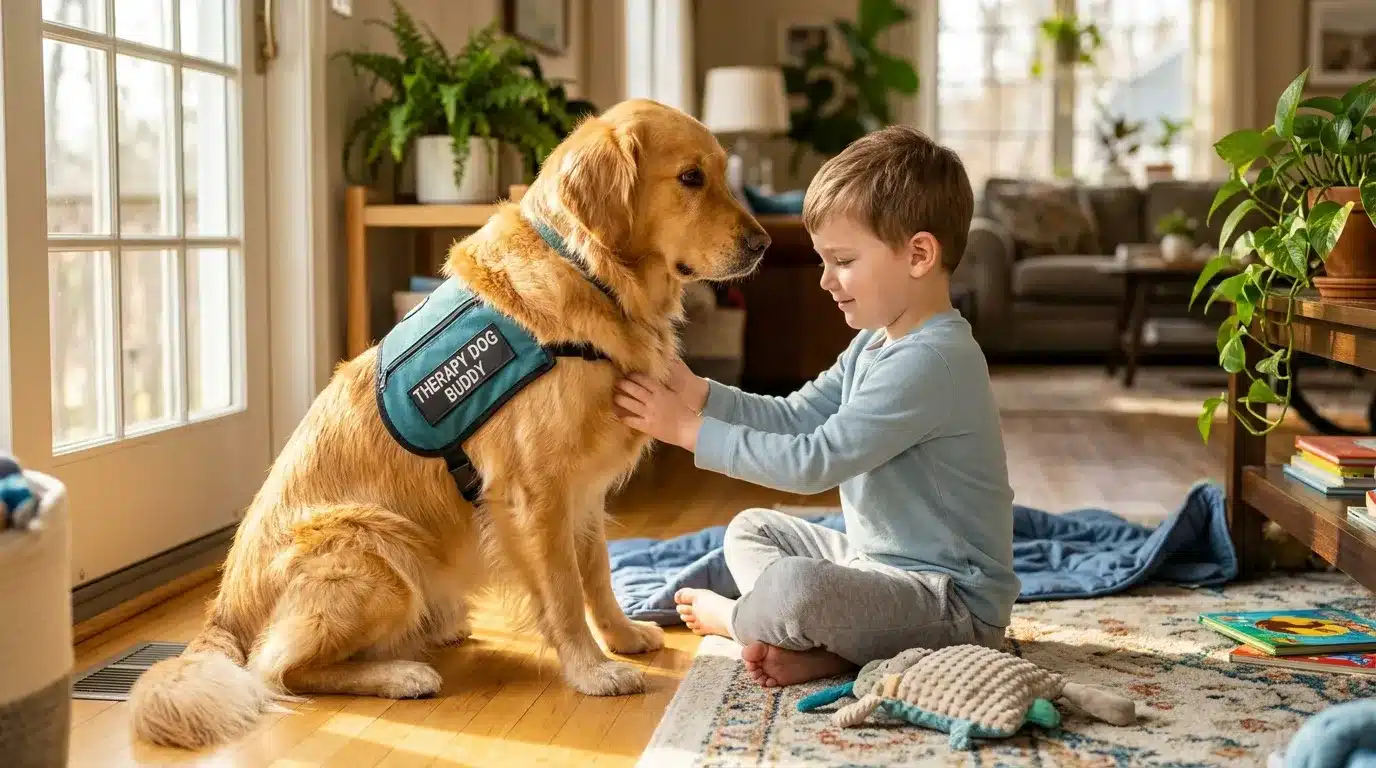 Jeune garçon caressant un chien d'assistance en gilet bleu