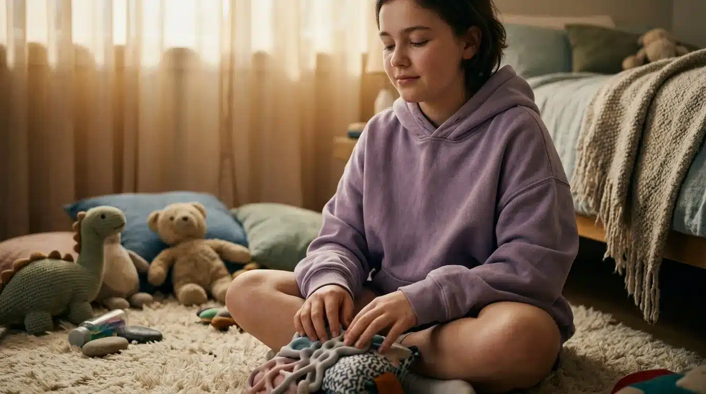 Jeune fille en hoodie violet jouant avec des peluches sur tapis