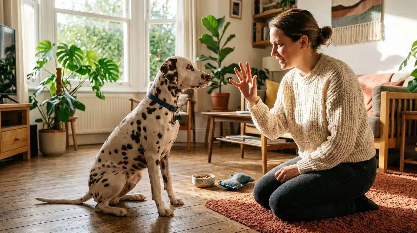 Femme entraîne un dalmatien dans un salon ensoleillé