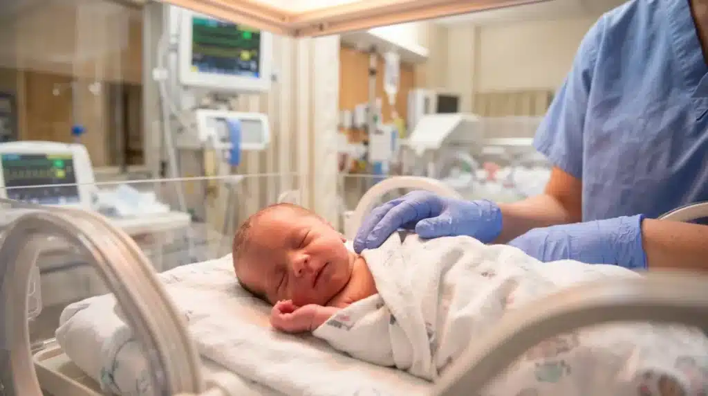 Infirmière examine un bébé nouveau-né en unité néonatale