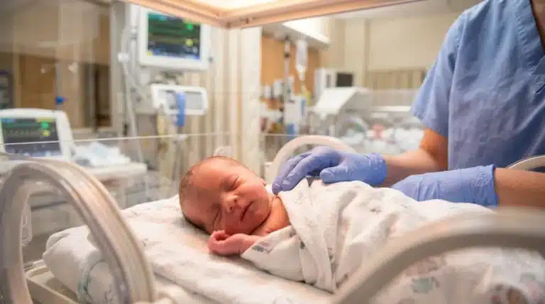 Infirmière examine un bébé nouveau-né en unité néonatale