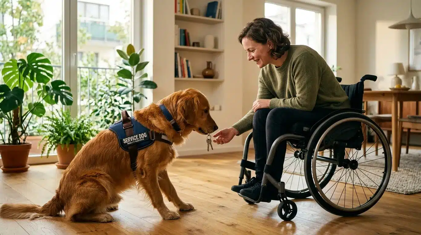 Femme handicapée interagit avec son chien d'assistance dans un salon lumineux