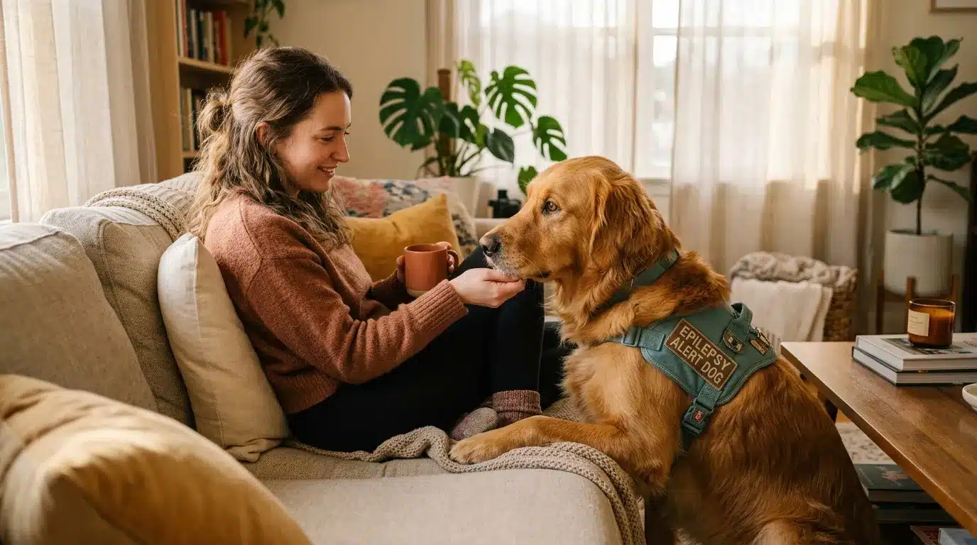 Femme souriante caressant un golden retriever portant un gilet d'alerte épilepsie