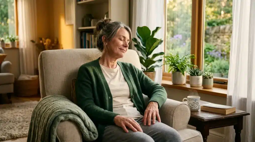 Femme mature souriante assise dans un fauteuil près des plantes