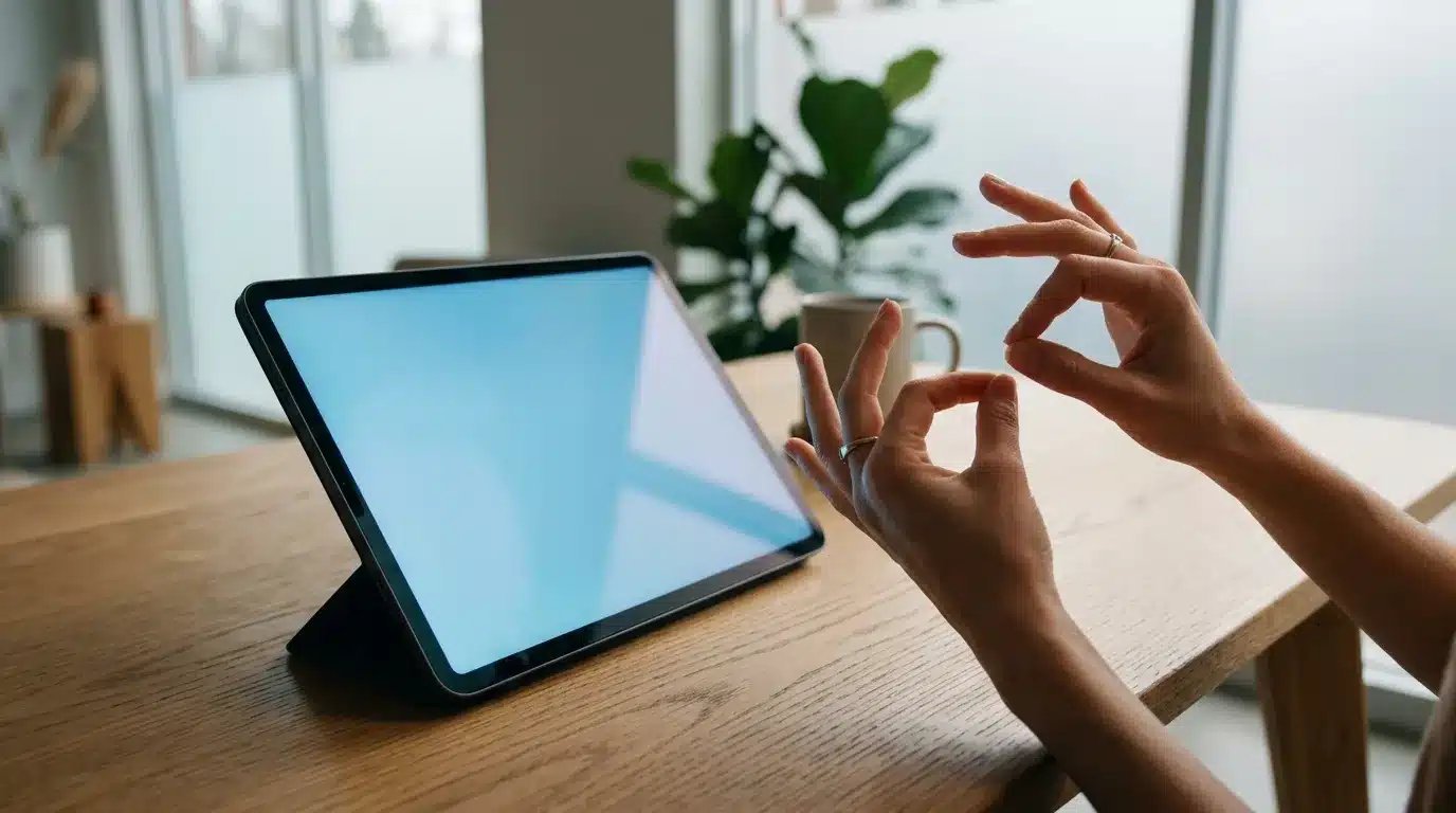 Personne effectuant des gestes de langue des signes devant une tablette