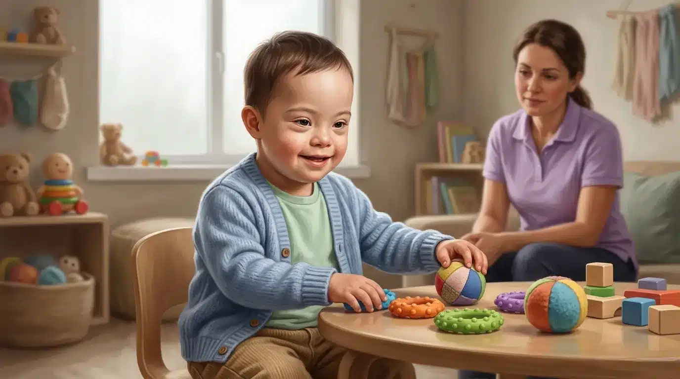 Mère et enfant jouent avec des jouets sensoriels colorés