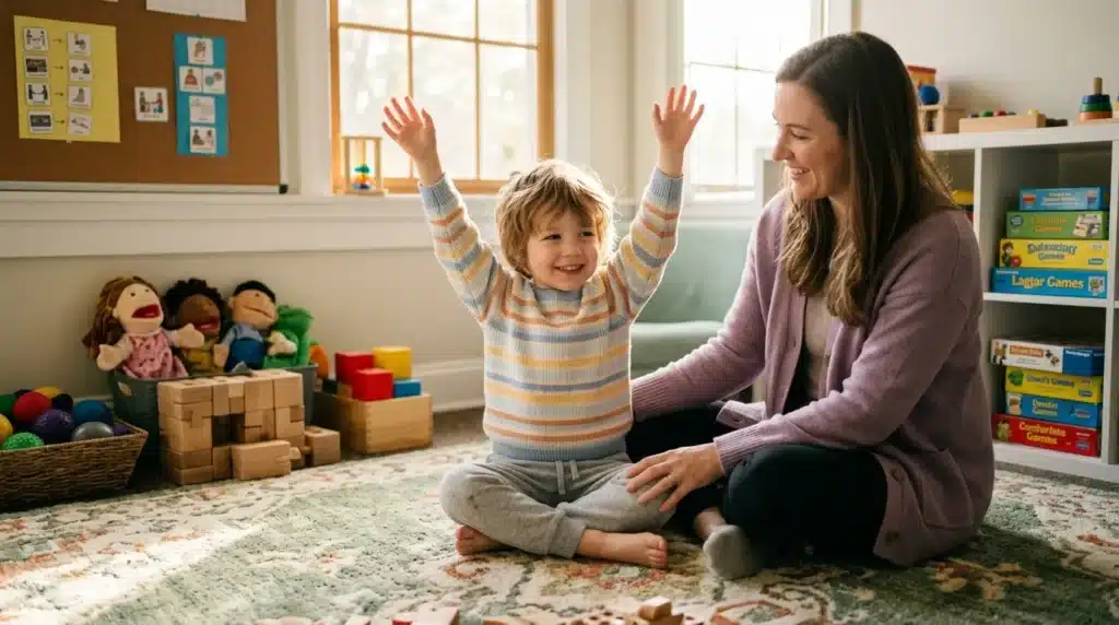 Une femme et un enfant jouent joyeusement dans une salle de classe colorée.