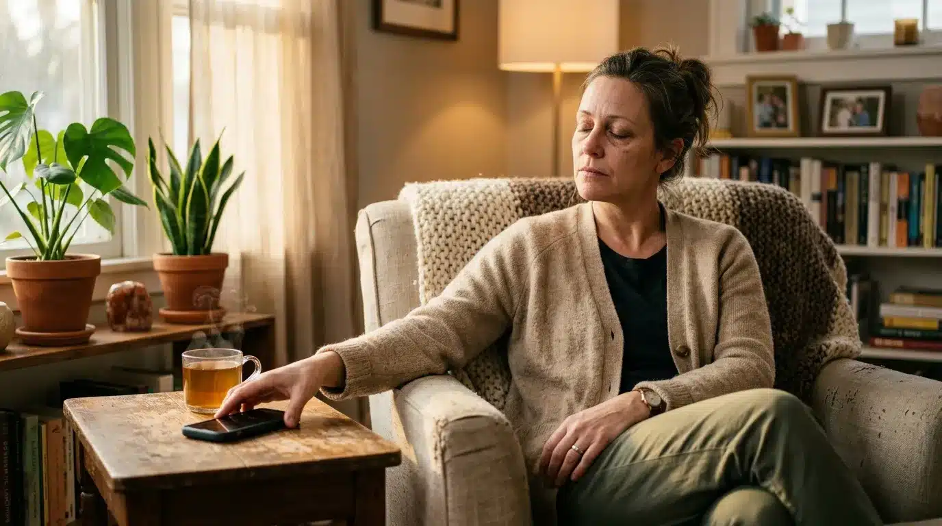 Femme assise dans un fauteuil confortable, tenant un téléphone