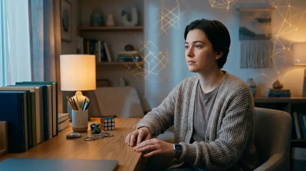 Femme assise à son bureau regardant pensivement vers l'horizon.