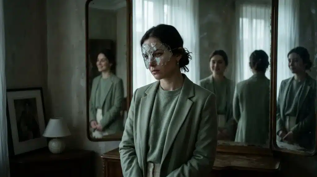 Femme au masque de verre regardant des reflets de miroirs