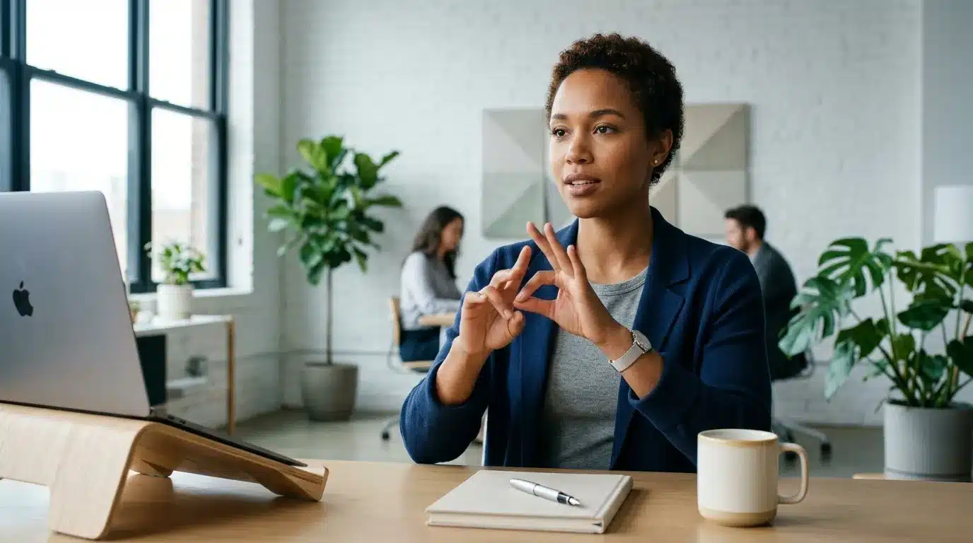 Femme parlant lors d'une vidéoconférence professionnelle au bureau