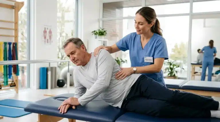 Physiothérapeute traitant l'épaule d'un patient allongé