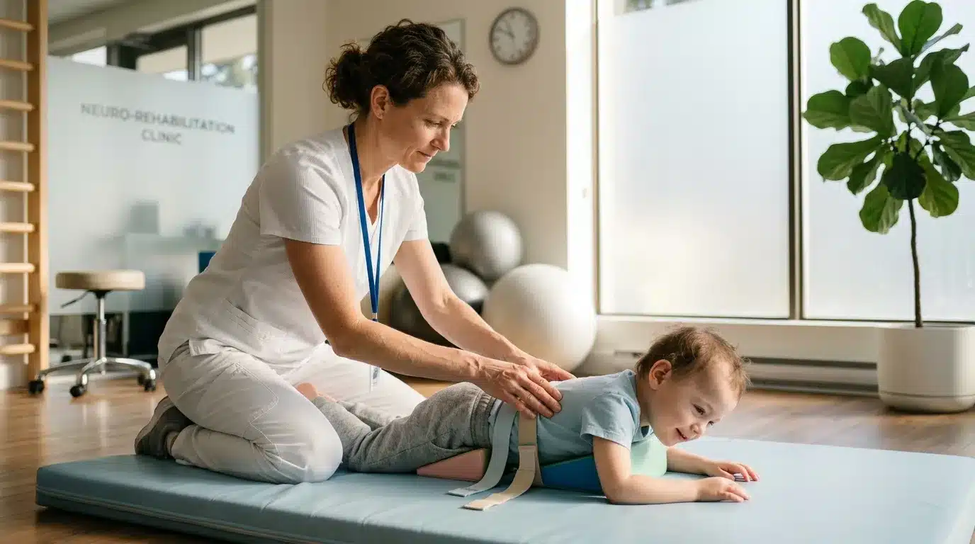 Thérapeute guidant un enfant en bas âge lors d'exercices de réhabilitation